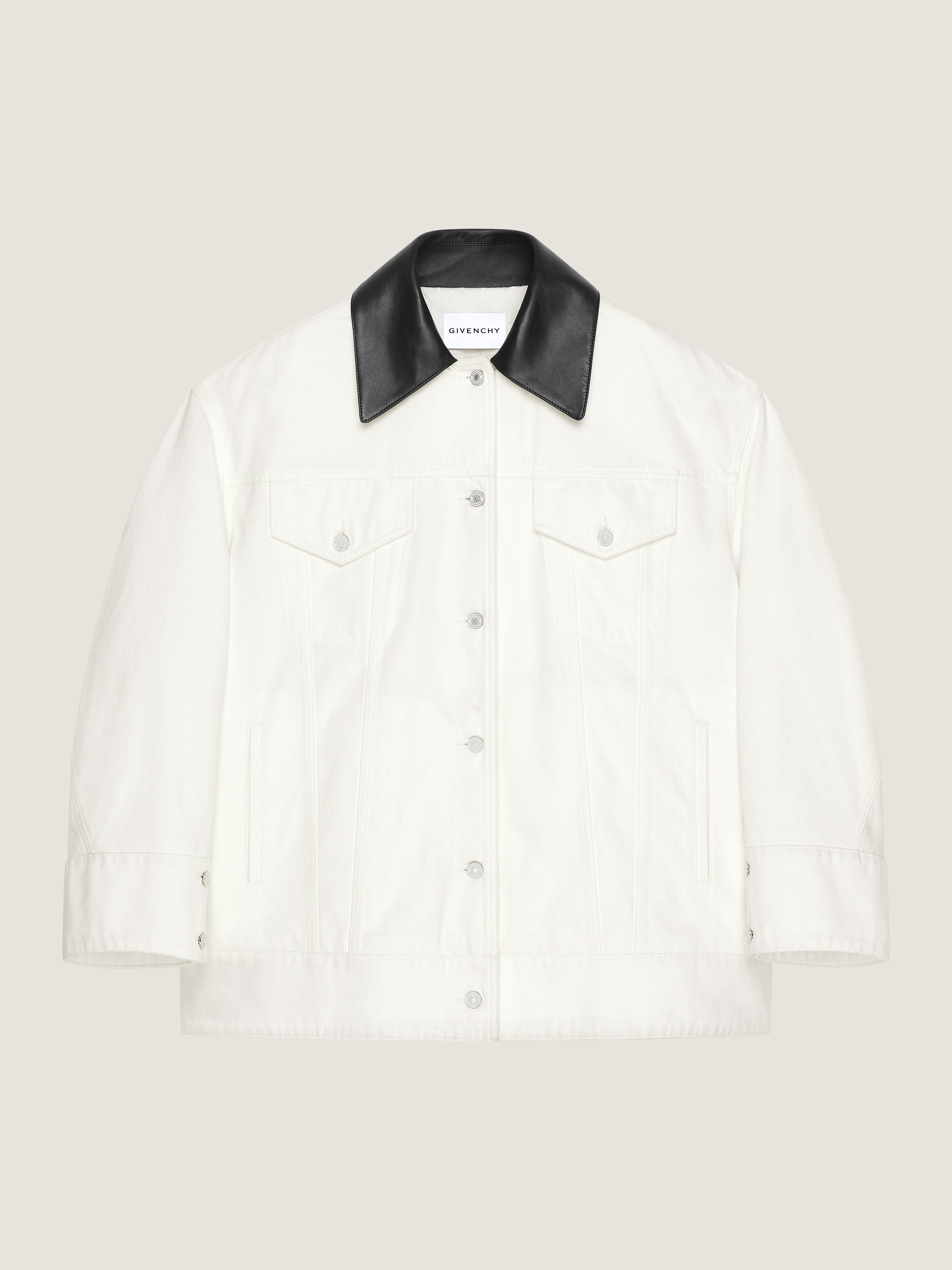 Cocoon jacket in white denim with leather collar